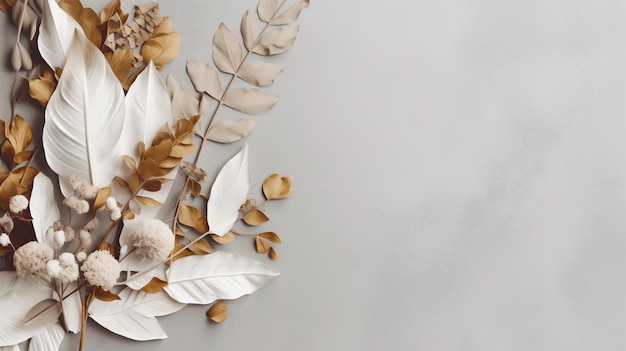 Generative AI Bohemian minimalistic background surrounded by natural dried leaves and plants