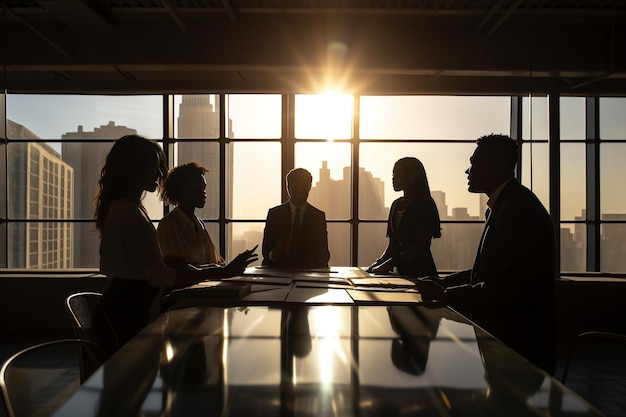 Generative ai business meeting in modern building with big windows in backlight at sunset