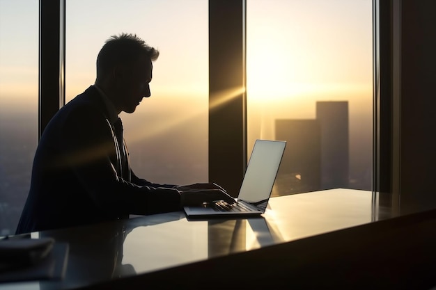 Generative ai business meeting in modern building with big windows in backlight at sunset