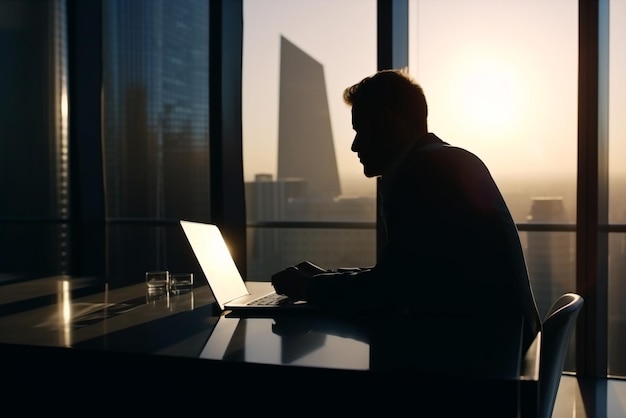 Generative ai business meeting in modern building with big windows in backlight at sunset