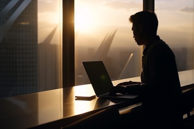 Generative ai business meeting in modern building with big windows in backlight at sunset