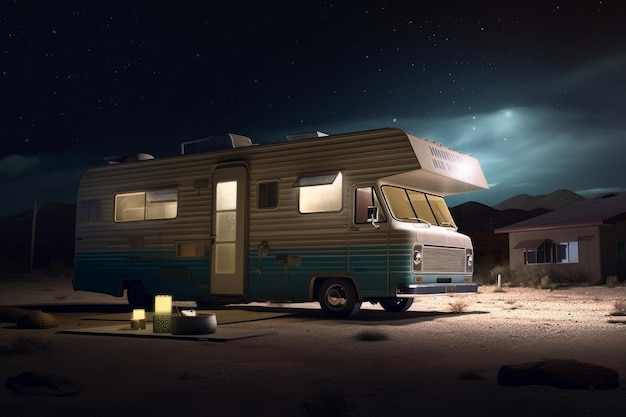 Generative AI of a camper in the desert at night