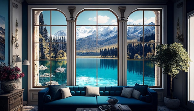 Generative AI captures a beautiful image of a blue lake from the inside of a villa