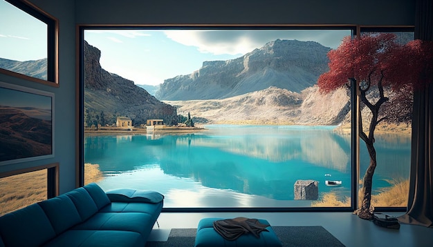 Generative AI captures a beautiful image of a blue lake from the inside of a villa