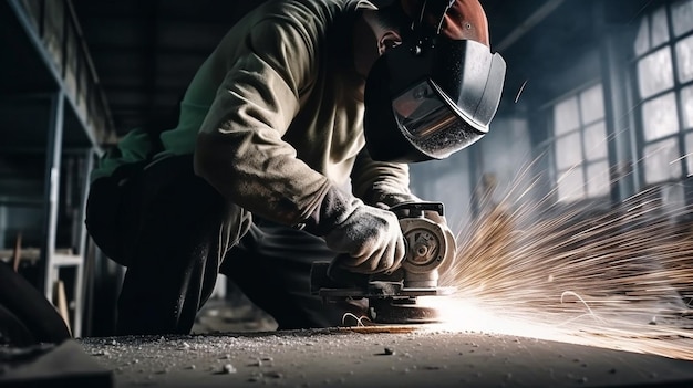 Generative AI car service worker polishing metal construction with a circular saw