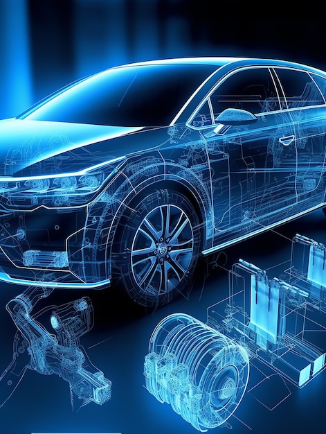 Generative AI Chassis of the electric hybrid car with powertrain Car maintenance Blue toned