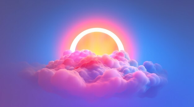 Generative AI circle shape glowing with neon light inside the soft colorful cloud fantasy pink and purple sky