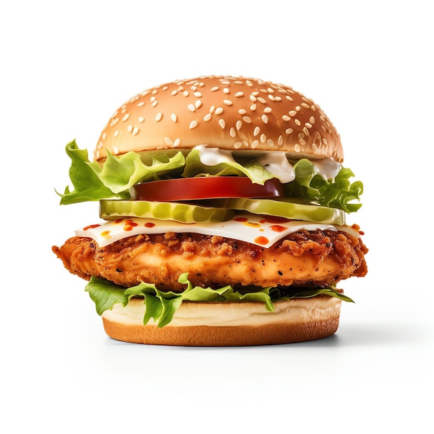 Generative AI Clean Chicken Burger on White Background Irresistible Delight in Every Bite