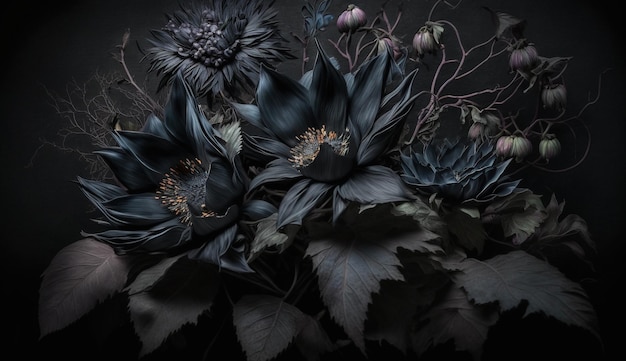 Photo generative ai close up of blooming flowerbeds of amazing black flowers on dark gothic moody