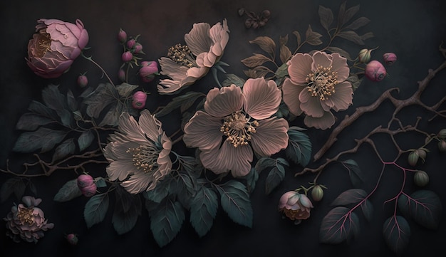 Generative AI Close up of blooming flowerbeds of amazing light pink flowers on dark moody