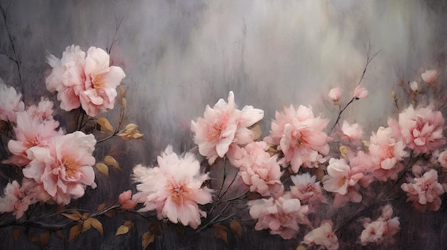 Generative AI Close up of blooming flowerbeds of amazing light pink flowers on dark moody