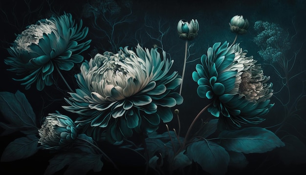 Generative AI Close up of blooming flowerbeds of amazing teal flowers on dark moody floral textured