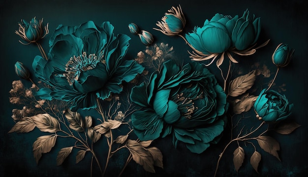 Generative AI Close up of blooming flowerbeds of amazing teal flowers on dark moody floral textured