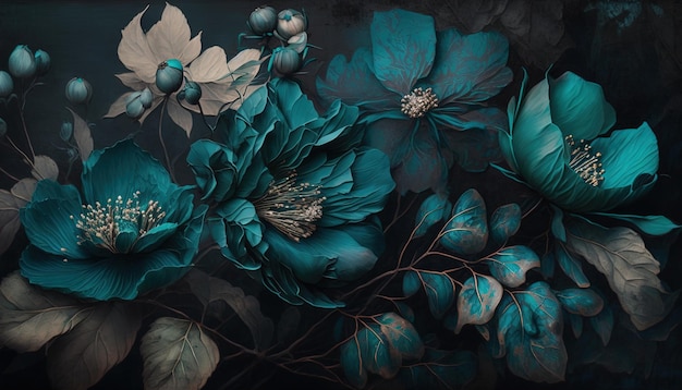 Generative AI Close up of blooming flowerbeds of amazing teal flowers on dark moody floral