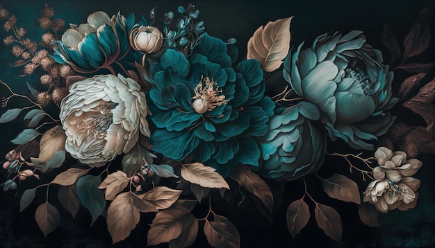 Generative AI Close up of blooming flowerbeds of amazing teal flowers on dark moody floral