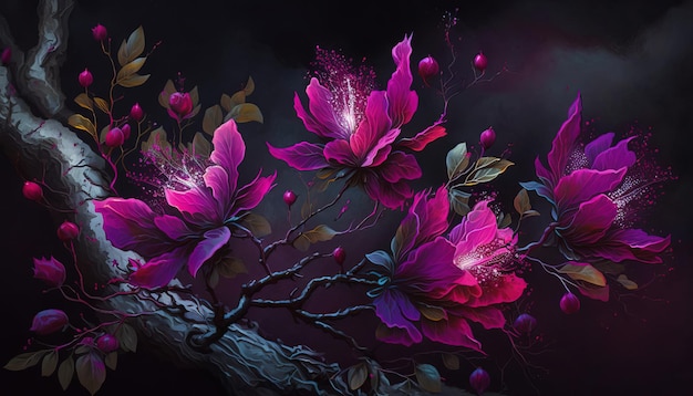 Generative AI Close up of blooming flowerbeds of amazing viva magenta flowers on dark moody