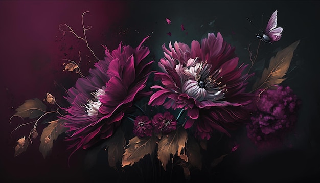 Generative AI Close up of blooming flowerbeds of amazing viva magenta flowers on dark moody