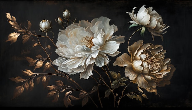 Generative AI Close up of blooming flowerbeds of amazing white and golden flowers on dark moody