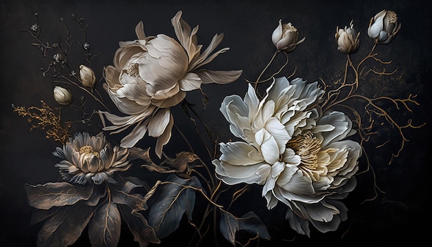 Generative AI Close up of blooming flowerbeds of amazing white and golden flowers on dark moody