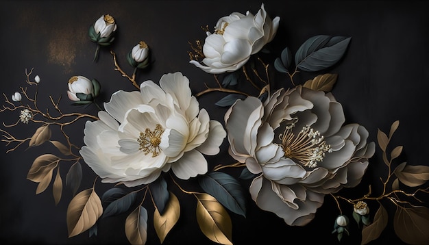 Generative AI Close up of blooming flowerbeds of amazing white and golden flowers on dark moody