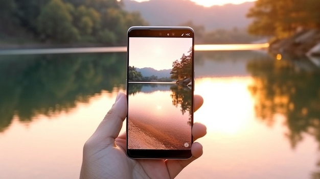 Generative AI closeup of a man holding a smartphone while snapping a picture of a lake