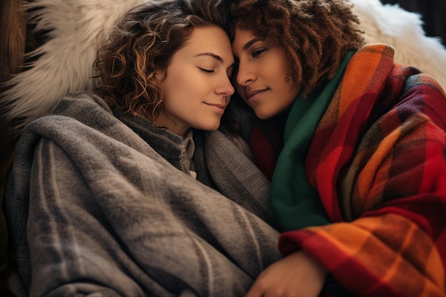 Photo generative ai closeup portrait female partners wrapped in warm laundry blanket waking up cosy morning