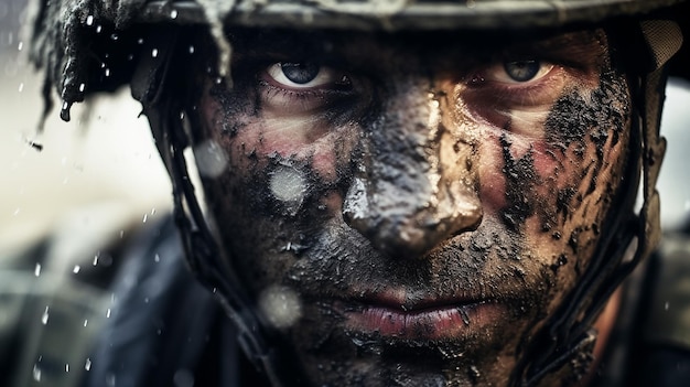 Generative AI closeup portrait of a soldier with a dirty face during a battle