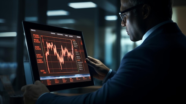 Generative AI Closeup of a stockbroker monitoring stock prices and market fluctuations on a tablet device