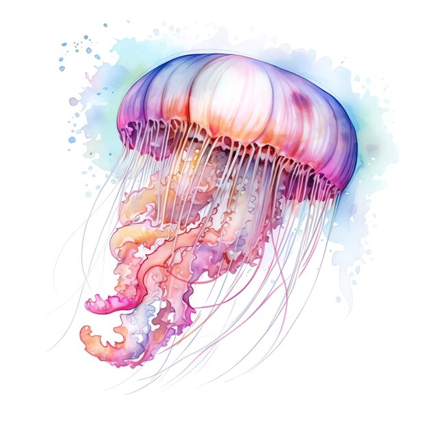 Generative AI Colorful Jellyfish Gliding Through the Watercolor Seascape