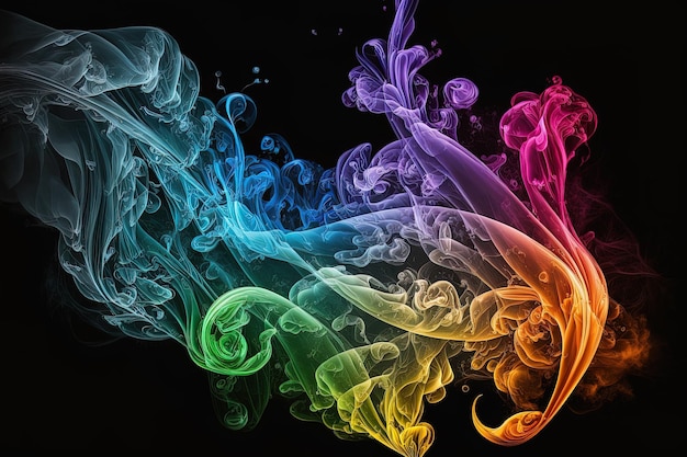 Generative AI a colorful smoke cloud is shown in this image it looks like it is floating in the air and is very dark and blue and yellow with a black background