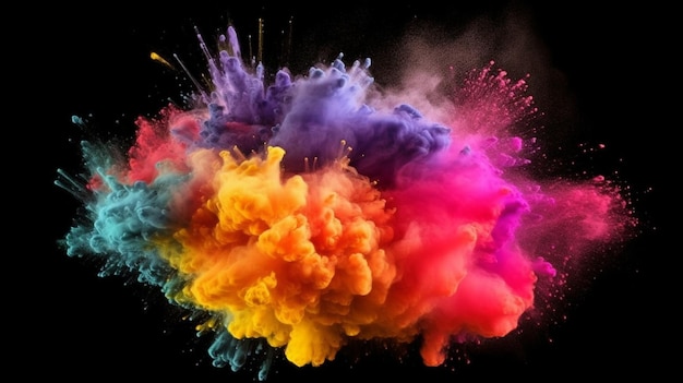 Generative AI colourful powder explosion on a black backdrop