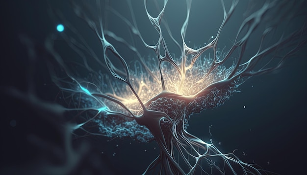 Generative AI Conceptual illustration of neuron cells with glowing link knots in abstract dark space