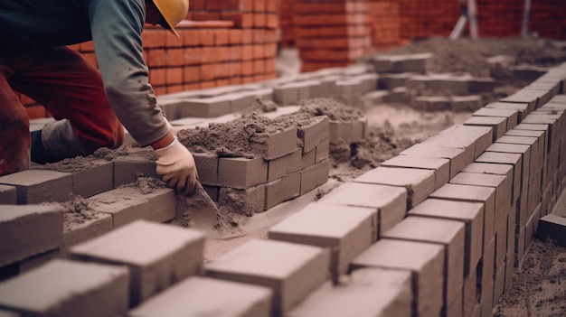 Generative AI construction worker putting bricks with cement