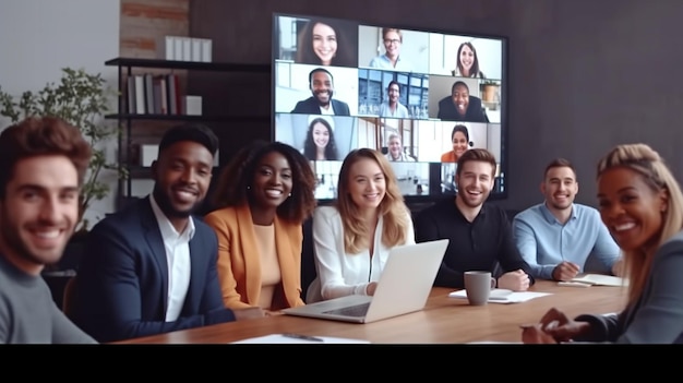 Generative AI a corporate team meeting in a boardroom and a video conference session with content multiracial freelancers