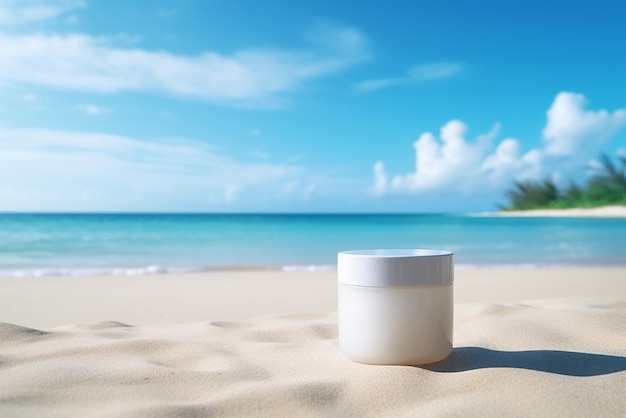 Generative AI a cosmetic packaging on the sand on a beach