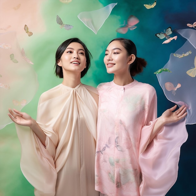 Generative ai couple of asiatic women in floral design background