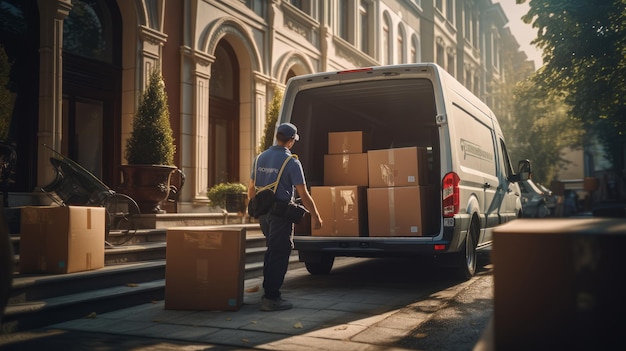 Generative AI Courier delivering goods to a business establishment unloading packages from the car for commercial deliveries