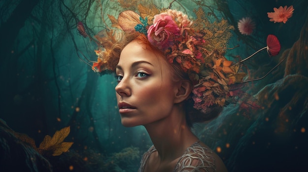 Generative AI created this surreal portrait of a woman in a flower headpiece amid a surreal forest