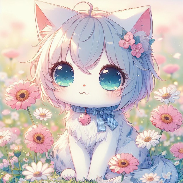 Generative AI cute cat cute little cats cute kitten sitting in flower field anime cat cute