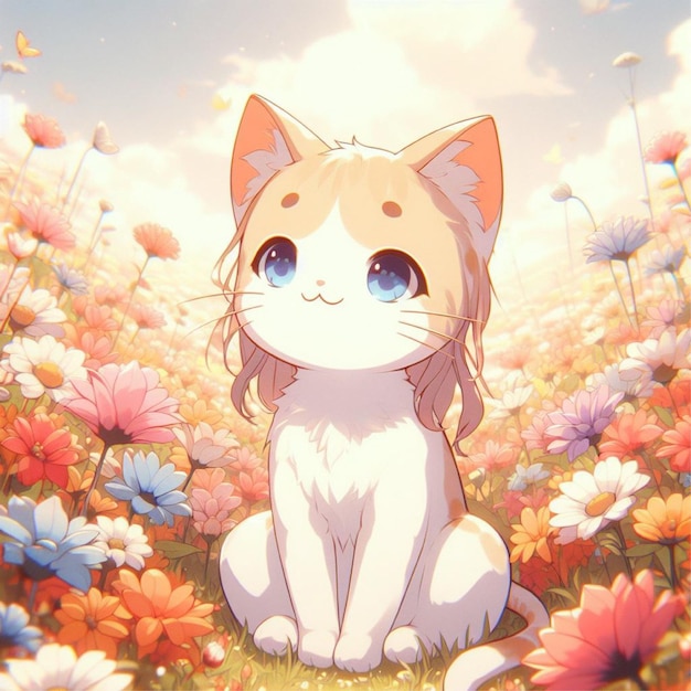 Generative AI cute cat cute little cats cute kitten sitting in flower field anime cat cute