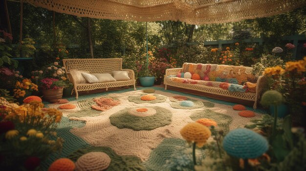 Generative AI cute garden made of crochet plants trees flowers Soft colors dreamy scene landscape made of crochet materials wool fabric yarn sewing for background