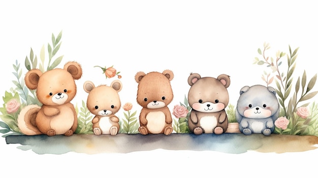 Generative AI Cute Woodland Animals Set and Forest Elements Colorful adorable vector illustration