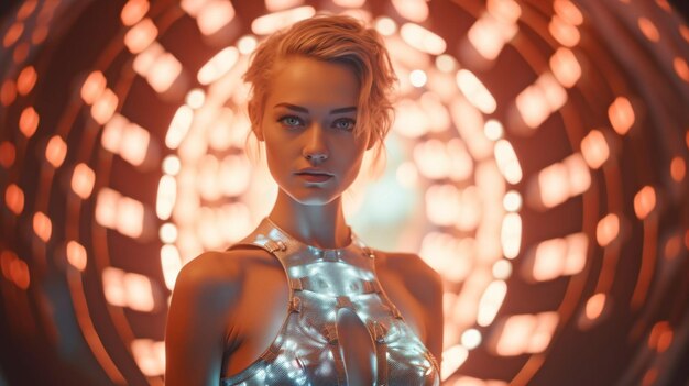 Generative AI and cuttingedge lighting surround the female model