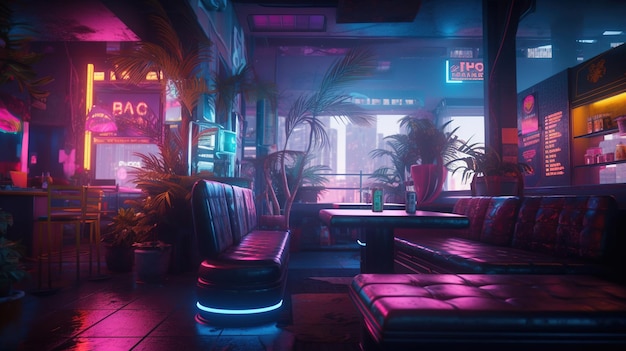 Generative AI Cyberpunk style bar or cafe Night scene of big city futuristic nostalgic 80s 90s