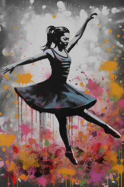 Generative AI Dancing woman or girl dynamic motion Ink paint colorful splashes street graffiti art