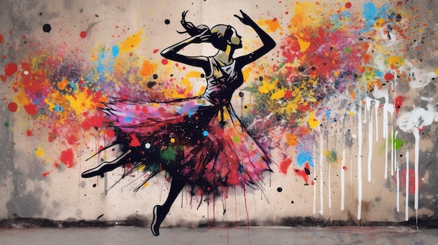 Generative AI Dancing woman or girl dynamic motion Ink paint colorful splashes street graffiti art