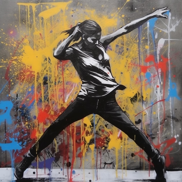 Generative AI Dancing woman or girl dynamic motion Ink paint colorful splashes street graffiti art