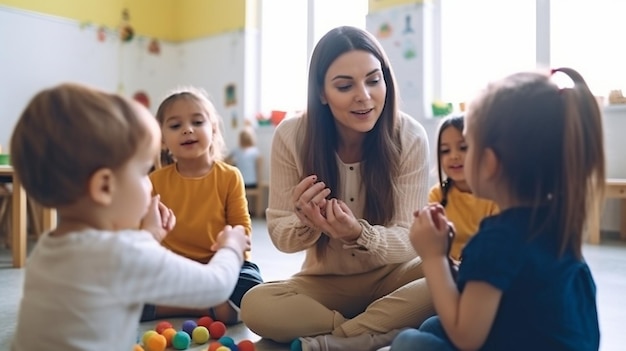 Generative AI depicts a cheerful female instructor sitting and playing hand games with a bunch of small pupils