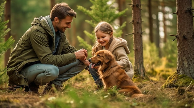 Generative AI depicts a contented family and their dog enjoying a peaceful time in the woodland