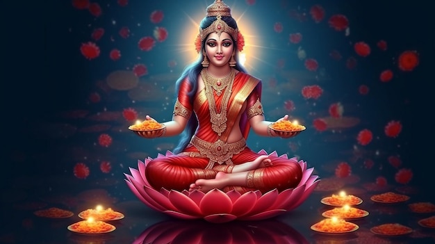 Generative AI depicts the Hindu goddess Laxmi a symbol of riches and prosperity as having a celestial aura and sitting on a flowering lotus flower